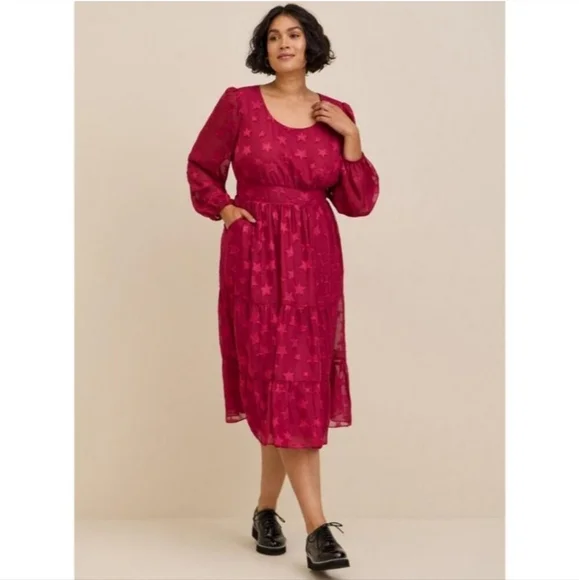 Torrid Burgundy Chiffon Clipdot Star Dress 1X (14-16) - Picture 2 of 5